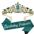 Green Birthday Princess sash and golden crown set with dark green crystals - Dark Green Set
