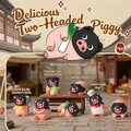 Lucky pig cartoon blind box figurine in classic black and pink finish for desk decor - 80303 Delicious Two-headed Black Pig Box 6 / Full Box Set