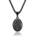 Saint Michael Archangel oval pendant necklace in matte black stainless steel finish - Black