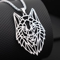 Collar vikingo de cabeza de lobo en acero inoxidable con colgante geométrico calado - Cabeza de Lobo (XL2403J) / Color Acero