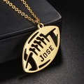 Detailed macro view of a gold football pendant necklace with custom Jose name engraving - Rugby Ball / Steel