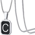 Modern silver stainless steel rectangle necklace with black enamel letter C pendant - Letter C
