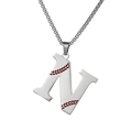 Letter N baseball themed stainless steel necklace with red stitching on silver pendant - Steel N / Pearl-Style Link Chain