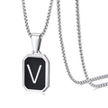 Zilveren roestvrijstalen ketting met zwart rechthoekig hanger met letter V - Letter V