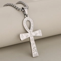 Silberne Edelstahl Ankh-Halskette mit eingravierten ägyptischen Hieroglyphen - Hieroglyphen Gravur Stil / Stahlfarben