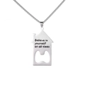 Detail view of silver house-shaped necklace pendant with bottle opener and quote - Believe In Yourself At All Times Style (Model A) / Pearl-Style Link Chain