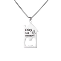 Macro detail of house-shaped stainless steel bottle opener necklace with engraved text - Enjoy The Moment Style (Model B) / Pearl-Style Link Chain