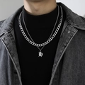 Collier double couche en acier inoxydable argenté avec chaîne cubaine et pendentif H - Lettre H