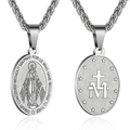 Detailed macro view showing both sides of a stainless steel Virgin Mary oval medal pendant - Large (MSNK0655) / Steel