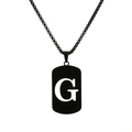 Minimalist black stainless steel dog tag necklace with white letter G on box chain - Letter G