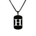 Modern black stainless steel military tag necklace with white letter H pendant detail - Letter H