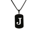 Matte black stainless steel dog-tag necklace featuring a hollowed-out letter J pendant - Letter J