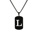 Black titanium steel necklace featuring a rectangular military tag with letter L cutout - Letter L