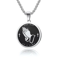 Polished stainless steel praying hands necklace with One Day at a Time round pendant - Steel