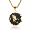 Gold stainless steel praying hands necklace with black enamel and One Day At A Time text - Gold