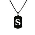 Black stainless steel letter S pendant necklace with military tag design on rolo chain - Letter S
