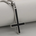 Men's vintage stainless steel upside down cross pendant with black enamel on a chain - Steel Color with Chain