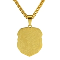 Close-up of golden Saint Michael shield pendant with detailed relief and braided chain - Gold