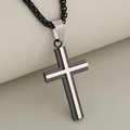 Detailed close-up of double-layered stainless steel cross pendant with black round box chain - Black and Silver