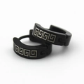 Macro view of 4mm black stainless steel hoop earrings with silver Greek key pattern - Black Greek Meander