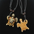 Handcrafted sea turtle resin necklace with adjustable black wax cord and wooden beads - Brown
