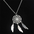 Stainless steel dreamcatcher necklace set with triple feather pendants in bright silver - Circular Scroll Style (F)