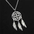 Detailed close-up of a silver dreamcatcher pendant with three delicate hanging feathers - Floral Dreamcatcher Style (B)
