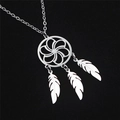 Detailed macro view of stainless steel dreamcatcher pendant necklace with three feathers - Petal Dreamcatcher Style (E)