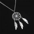 Close-up of silver dreamcatcher necklace pendant with three feathers on a black background - Radiating Dreamcatcher Style (D)
