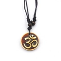 Sacred Om resin pendant necklace with faux bone finish and black braided cord - Round Om Symbol Pendant / Red Brown