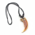 Adjustable faux wolf tooth resin pendant necklace with black braided rope and wood beads - Brown