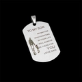 Pendentif plaque militaire en acier brossé avec silhouette père et fils et texte - Père et fils main dans la main (I)