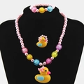 Kinderjuwelenset met roze kralen, gele eend halsketting, armband en verstelbare ring - Kleine Gele Eend Stijl / Roze