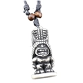 Polynesian Tiki statue pendant necklace with resin bone finish and wood bead woven cord - Style Two (White)