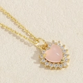 Exquisite gold necklace with pink heart pendant and white crystal border detail - Pink Heart Style
