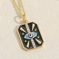 Golden evil eye pendant necklace with black enamel inlay and sparkling rhinestones - Square Evil Eye Style