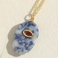 Hamsa Hand necklace with blue natural stone and red center gem in golden finish - Blue Mixed Hand