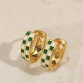 Gouden oorringen met groen en wit schaakbord emaille en zirkoon inleg - Wit en Groen Schaakbord