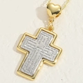 Two-tone gold and silver cross disc pendant necklace with engraved scripture and heart bail - Cross