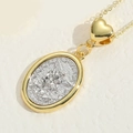 Religious medallion cross necklace with gold heart charm and silver saint relief inlay - Oval Angel