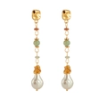 Detail of 14k gold-plated drop earrings featuring turquoise beads and baroque pearls - Style Two (ES0024-2)