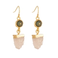 Detail of 14k gold-plated earrings with round green stone and raw pink quartz crystal - Style Six (ES0024-6)