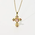 Vintage punk gold cross necklace with colorful zircons and pink oval gemstone pendant - Colorful Style (XL0194-2)