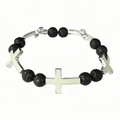 Detailed macro view of elastic bracelet featuring black lava beads and silver crosses - 7# Green Glow Bracelet