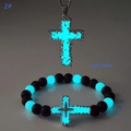 Luminous light blue cross pendant necklace and lava stone beaded bracelet set detail - 2# Blue-Green Glow