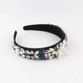 Detailed close-up of Baroque headband with blue crystals and pearl star patterns - Navy Blue Elegant Style (E)