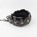Vintage baroque velvet headband with rhinestone flowers and decorative bead fringe - Black (A)