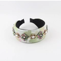 Vintage palace style wide headband with mint green brocade fabric and rhinestone flowers - Mint Green Brocade Rhinestone Style