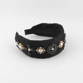 Vintage black lace headband with white pearls and black crystals on a white background - Black Lace Pearl Style