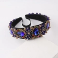 Baroque padded headband with blue gemstones and gold floral details on velvet base - Blue (A)